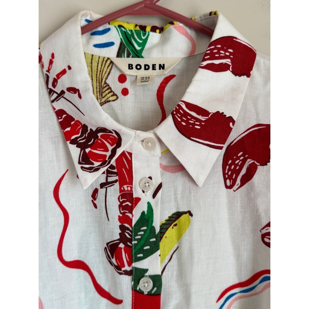 Boden Clara Linen Maxi Shirt Dress Womens 12 White Lobster Pineapple Belted - Picture 4 of 12